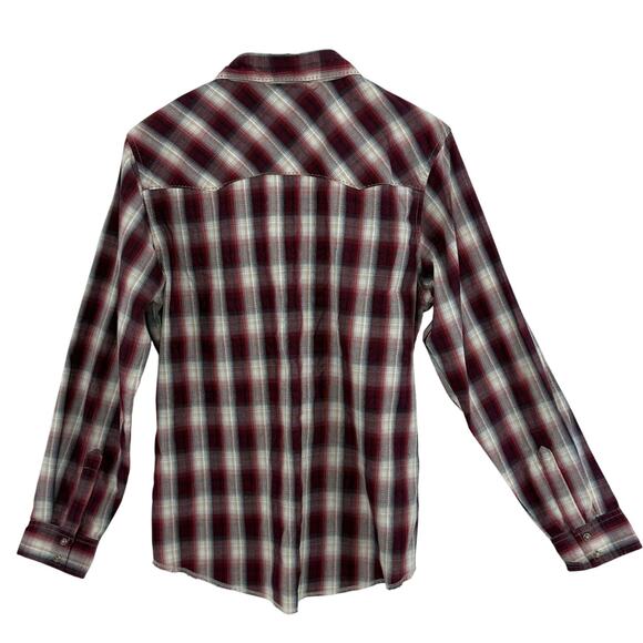 Wrangler Pearl Snap Shirt Maroon White Plaid Youth 18/20 Western Cowboy Rodeo - Picture 2 of 4